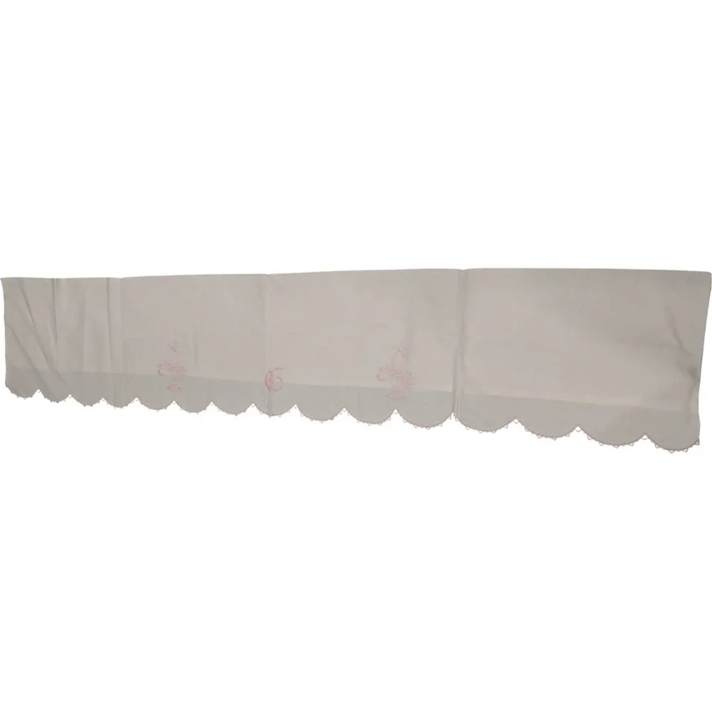 Vintage White Linen Valance Pink Scalloped‎ Lace Trim Floral Embroidery B